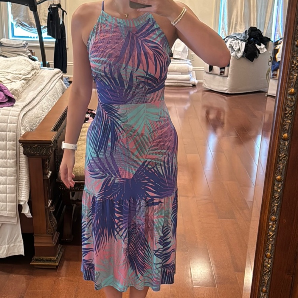 Veronica M Purple and Pink Palm Print Midi Dress